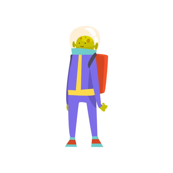 Дружелюбный зеленый пришелец с джетпаком, забавный мультяшный персонаж в голубом космическом костюме и шлеме — стоковый вектор