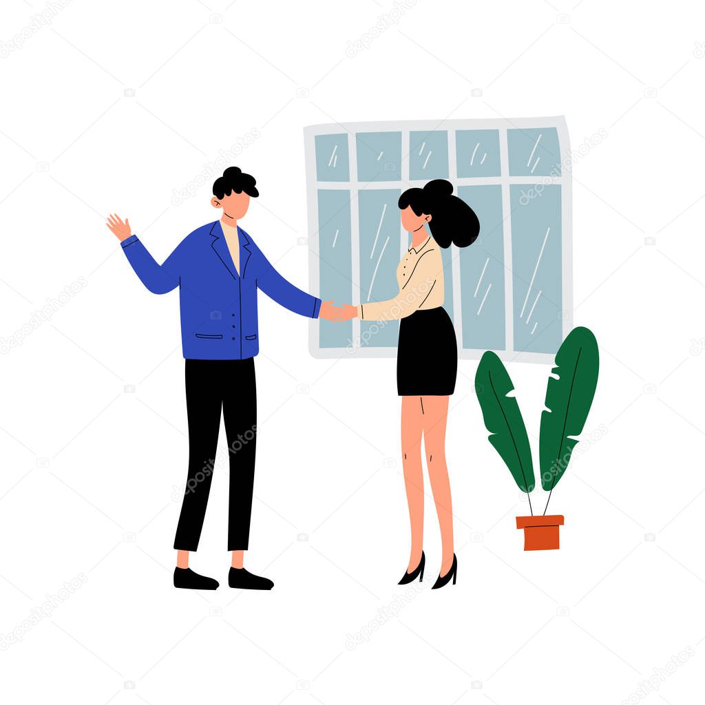 Businessman and Businesswoman Shaking Hands, People Working Together in Office, Communication Between Coworkers Vector Illustration