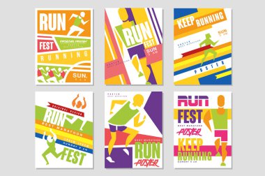 Maraton, fest posterler, çalıştırın spor ve rekabet renkli tasarım öğesi kartı, afiş, yazdırma, rozet vektör çizimler