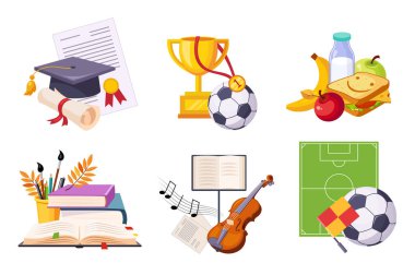 Düz vektör kümesi farklı derslerde sunma kutsal kişilerin resmi. Sanat ve müzik, spor, biyoloji ve kimya. Lezzetli kahvaltı ve çalar saat