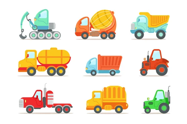 Flat vector set of colorful construction and cargo vehicles. Concrete mixing truck, large dumper, excavator, road working car, tractor and forklift — Stock Vector