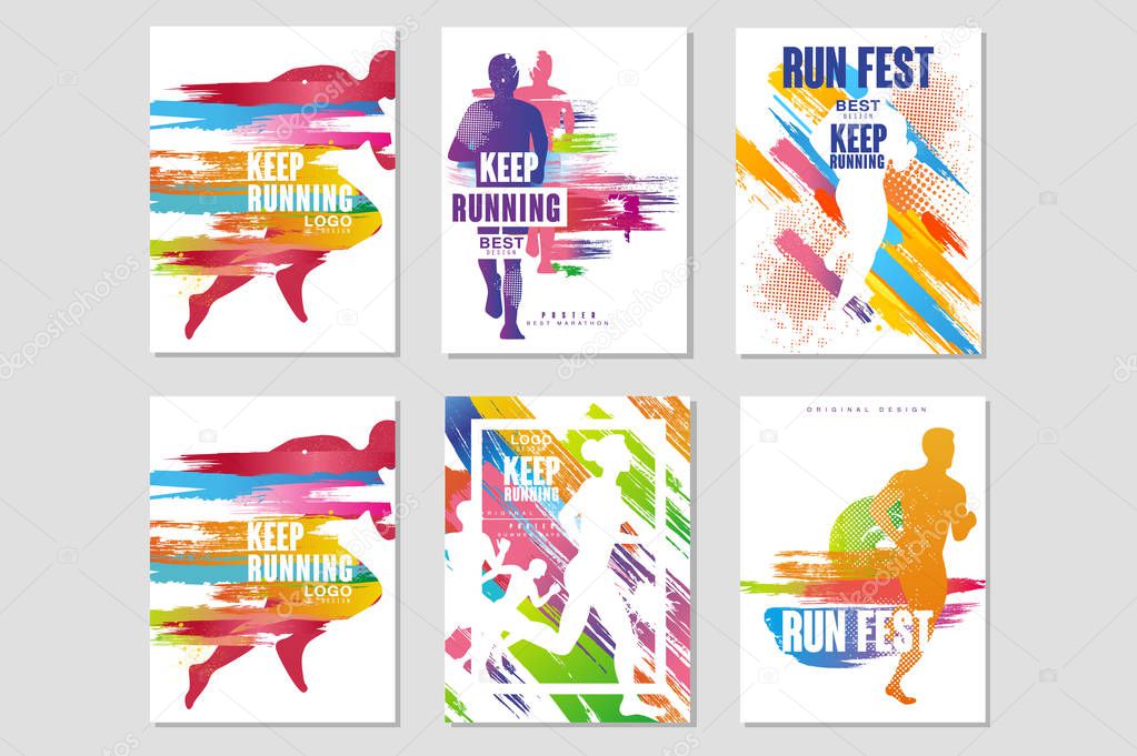 Run fest posters set, sport and competition concept, running marathon, colorful design element for card, banner, print, badge vector Illustrations