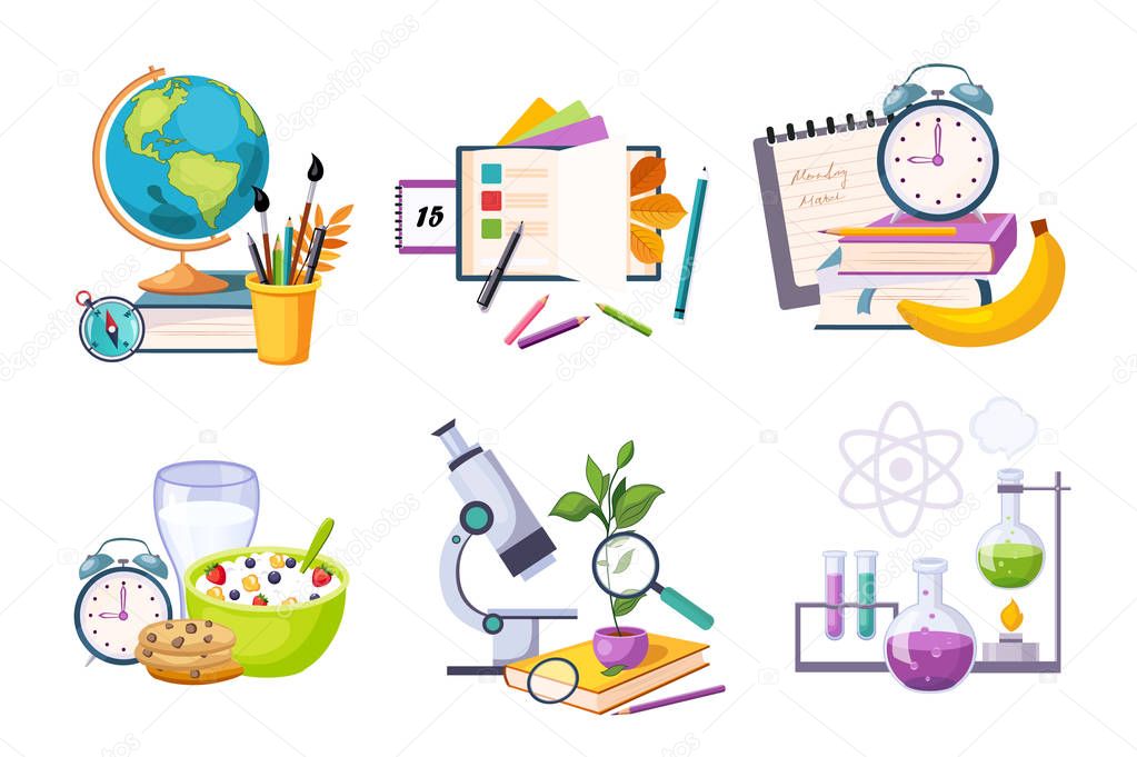 Flat vector set of compositions with objects related to education theme. Back to school