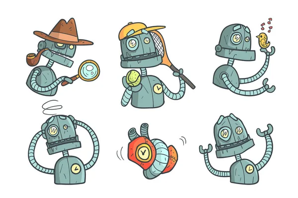 Set con robot de metal con diferentes emociones. Androide mecánico de dibujos animados en estilo de contorno con relleno colorido. Vector para juegos móviles o pegatinas — Vector de stock