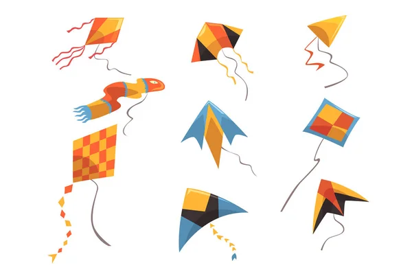 Conjunto vetorial plano de pipas de cor brilhante. Brinquedos voadores para atividades infantis e brincadeiras. Céu e vento, hobby e tema de entretenimento — Vetor de Stock
