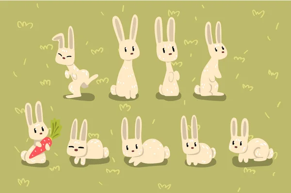 Flache Vektor-Set von kleinen Hasen in verschiedenen Posen auf grünem Gras. Lustiges Tier mit langen Ohren. Elemente für Kinderbuch, Postkarte oder Druck — Stockvektor