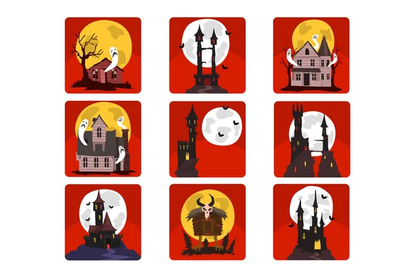 Flat vector set of scary castles with full moon and bats, old houses with ghosts and creepy hut on chicken legs. Halloween theme — Illustration Flat vector set of scary castles with full moon and bats, old houses with ghosts and creepy hut on chicken legs. Halloween theme — Stock Vector