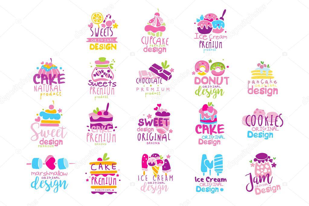 Sweets logo original design set, kids menu badges, natural organic food hand drawn vector Illustrations isolated on a white background.