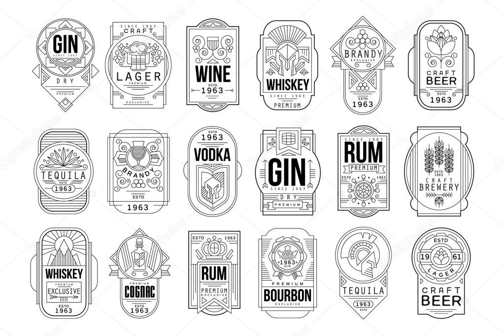 Alcohol labels set, retro alcohol industry monochrome emblem vector Illustration on a white background