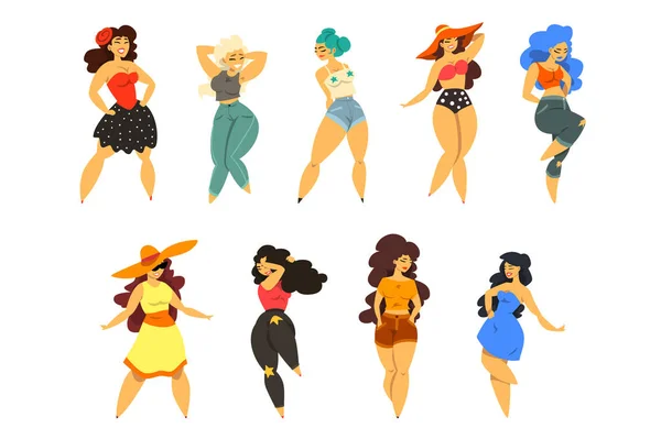 Linda curvilínea, meninas com excesso de peso definido, além de mulheres de tamanho em roupas da moda, pinup modelo vetor Ilustrações — Vetor de Stock