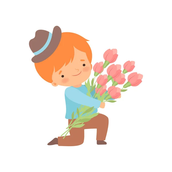 Cute Kneeling Little Boy with Bouquet of Flowers Cartoon Vector Illustration — Stock Vector