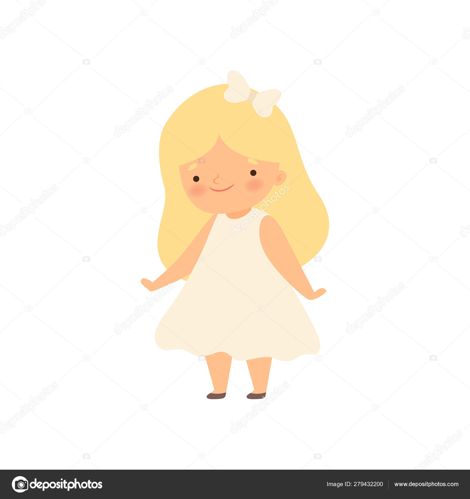 Adorable Smiling Blonde Little Girl In White Dress Cartoon Vector