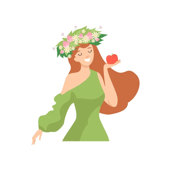 Молода красива жінка з квіткою вінок у волоссі, портрет елегантною Усміхнену дівчину з квітковим вінком і зелене плаття, Жінка тримає стиглі червоний яблуко Векторна ілюстрація — стоковий вектор