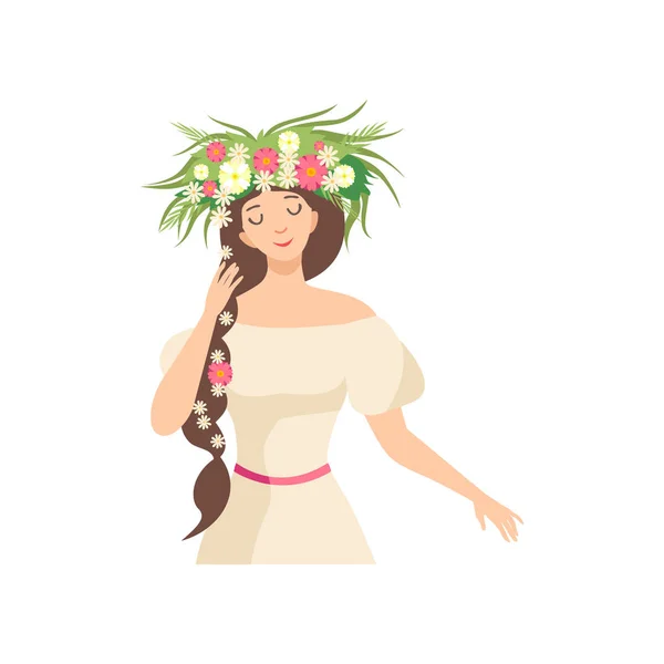 Mulher morena bonita nova com coroa de flores em seu cabelo, retrato da menina elegante com coroa floral e ilustração de vetor de trança — Vetor de Stock