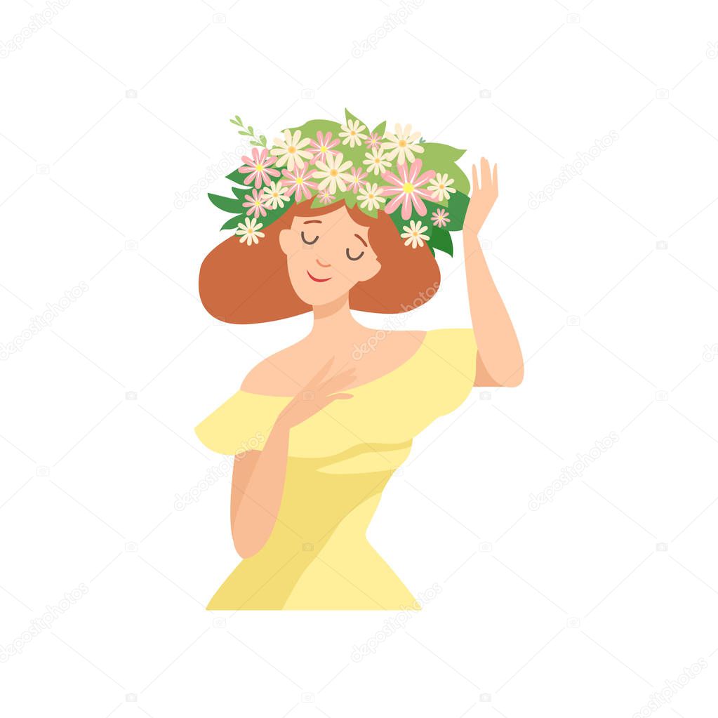 Young Beautiful Woman with Flower Wreath in Her Hair, Portrait of Elegant Girl in Yellow Dress with Floral Wreath Vector Illustration