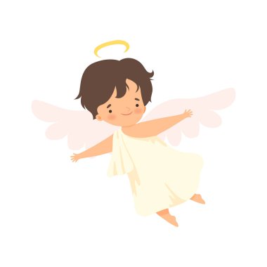 Nimbus Kanatları ile Uçan Sevimli Boy Angel, Cupid veya Cherub Kostüm Vektör İllüstrasyon Lovely Baby Karikatür Karakter