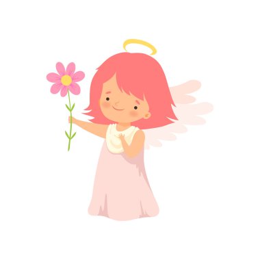 Nimbus ve Kanatları Çiçekler, Cupid veya Cherub Kostüm Vektör İllüstrasyon Lovely Baby Karikatür Karakter ayakta ile Sevimli Kız Melek
