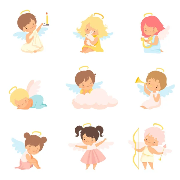 Cute Baby Angels with Nimbus and Wings Set, Adorable Boys And Girls Cartoon Characters in Angel Costumes Vector Illustration — Stock Vector