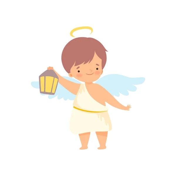 Milý chlapec Anděl s Nimbus a křídly stojící s lucernou, roztomilý dětský kreslený postava v Cupidu nebo v cherub Vector ilustrace — Stockový vektor