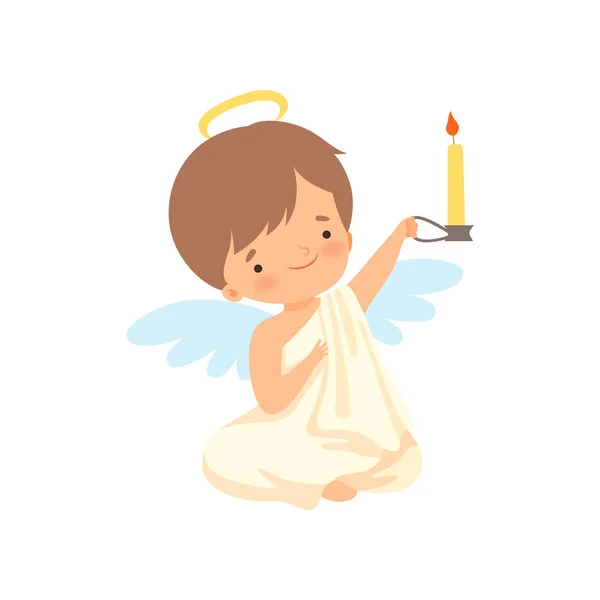 Cute Boy Angel with Nimbus and Wings Sitting and Holding Burning Candle, Lovely Baby Cartoon Character in Cupid or Cherub Costume Vector Illustration — Stock Vector