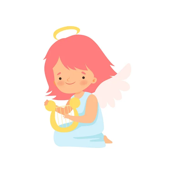 Cute Girl Angel with Nimbus and Wings Playing Harp, Lovely Baby Cartoon Character in Cupid or Cherub Costume Vector Illustration — Stock Vector
