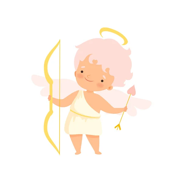 Hezký chlapec Cupid s Nimbus a křídly, s lukem a šípem, roztomilý dětský kreslený znak v Andělu nebo cherub kostým Vector ilustrace — Stockový vektor