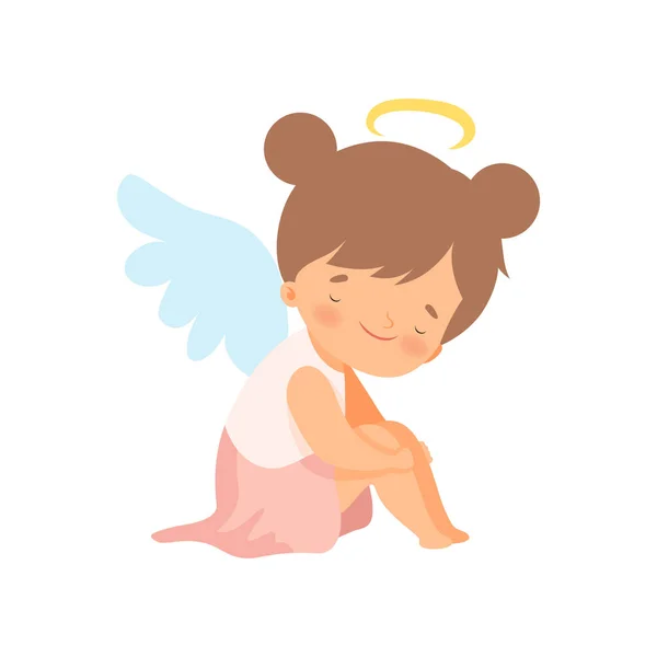 Anjo adorável da menina com Nimbus e asas, ilustração adorável do vetor do caráter dos desenhos animados do bebê — Vetor de Stock