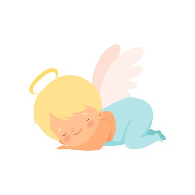 Nimbus ve Wings ile Sevimli Uyuyan Çocuk Angel, Cupid veya Cherub Kostüm Vektör İllüstrasyon Lovely Baby Karikatür Karakter
