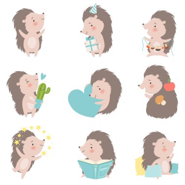 Sevimli Kirpi Hayvan Karikatür Karakter Günlük Etkinlikler Vektör İllüstrasyon Performans Koleksiyonu