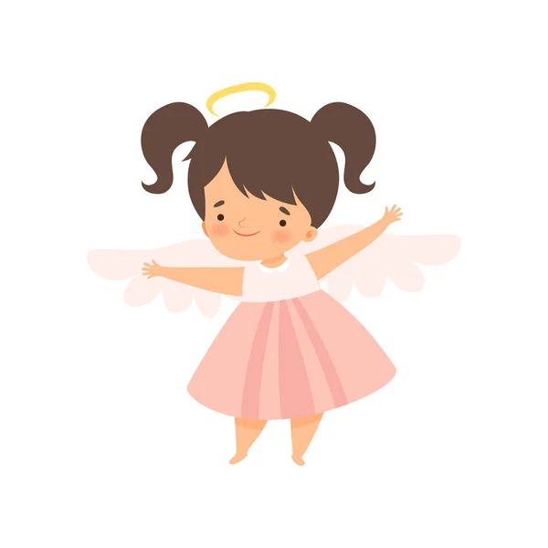 Cute Girl Angel with Nimbus and Wings, Lovely Baby Cartoon Character in Angel Costume Vector Illustration — Stock Vector