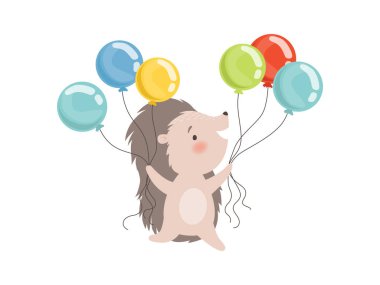 Sevimli Kirpi Renkli Balonlar Holding, Sevimli Dikenli Hayvan Karikatür Karakter Vektör İllüstrasyon