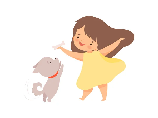 Fille mignonne jouant avec le chiot, enfant interagissant avec l'animal dans le zoo de contact Illustration vectorielle de bande dessinée — Image vectorielle