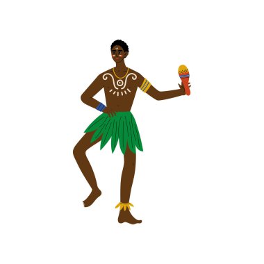 Maraca ile Afrikalı Adam Dancing, Erkek Aborijin Parlak Geleneksel Kabile Etnik Giyim Vektör İllüstrasyon giymiş