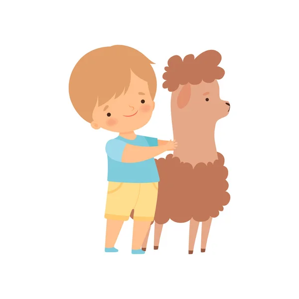 Cute Boy Hugging Llama, Kid Interacting with Animal in Contact Zoo Cartoon Vector Illustration