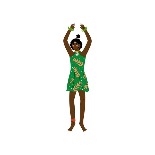 African Woman, Aboriginal Girl Dressed in Modern Green Dress Vector Illustration — Stock Vector