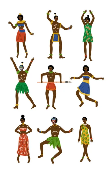 Afrikaner gesetzt, männliche und weibliche Aborigines in heller traditioneller Stammeskleidung und ethnischem Schmuck Vektor Illustration — Stockvektor