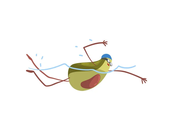 Natação do nadador do abacate na piscina, caráter exótico engraçado do desenho animado do atleta da fruta que faz a ilustração do vetor dos esportes — Vetor de Stock