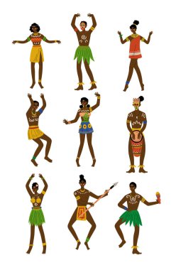 Afrika People Set, Erkek ve Kadın Aborijin Boyalı Yüzler Parlak Geleneksel Kabile Giyim ve Etnik Takı Vektör İllüstrasyon giymiş