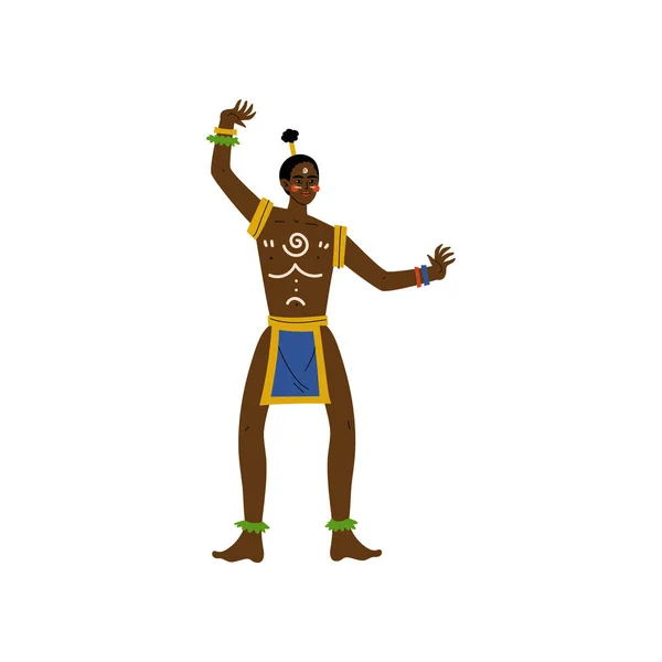 跳舞的非洲男子，男性原住民在明亮的传统部落服装矢量插图 — 图库矢量图片