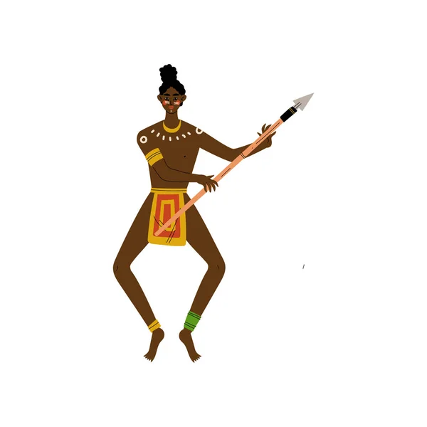 Guerrero africano bailando con lanza, aborigen masculino vestido con ropa étnica tradicional brillante Vector Ilustración — Vector de stock