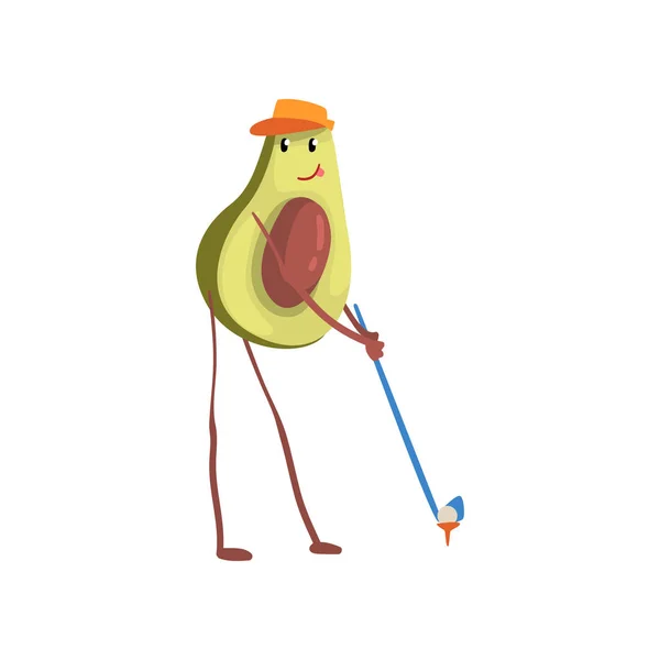Lindo aguacate jugando al golf, divertido atleta de frutas exóticas personaje de dibujos animados haciendo deportes Vector ilustración — Archivo Imágenes Vectoriales