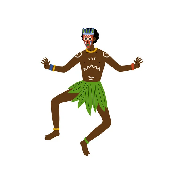 African Man Dancing, Male Aboriginal with Painted Face Dressed in Bright Traditional Ethnic Clothing Vector Illustration — Stock Vector