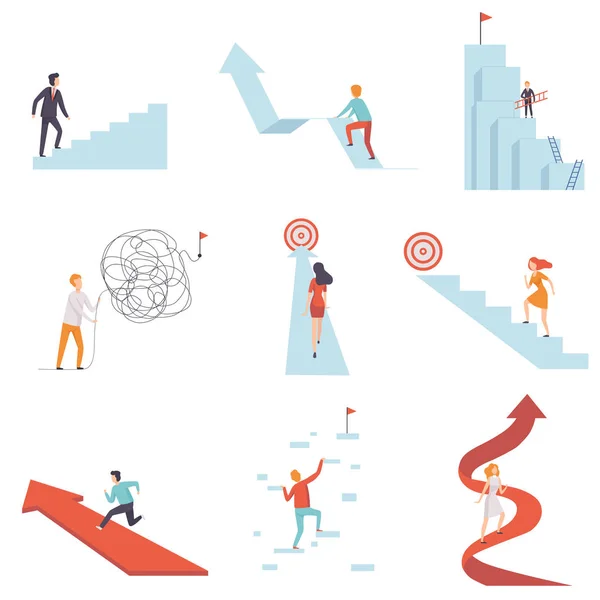Zakenmensen verhuizen naar succes set, jonge mannen en vrouwen klimmen carrière ladders en pijlen tot verwezenlijking van doelen vector illustratie — Stockvector