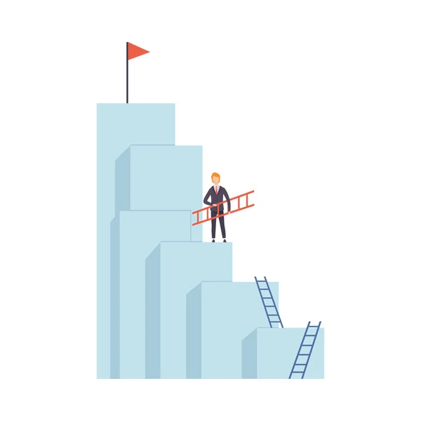 Üzletember mozgó lépcsőházak a hegy tetejére, üzleti és karrier fejlesztési Vector illusztráció — Stock Vector