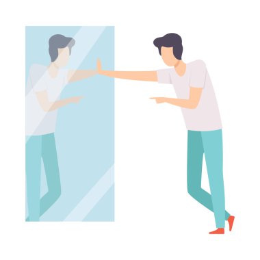 Narsistik Adam Karakter Aynaya Bakmak ve Yansımaya Parmak La, Kişi Kendini Abartmak, Kendine Güven, Motivasyon Vektör İllüstrasyon