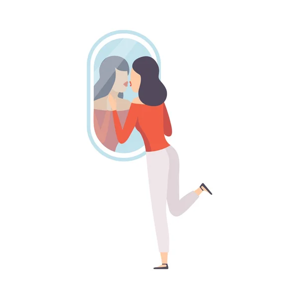 Personagem Narcisista Mulher Olhando para o Espelho e Beijando sua Reflexão no Espelho, Menina superestimar-se, Auto-confiança, Motivação Vector Ilustração — Vetor de Stock