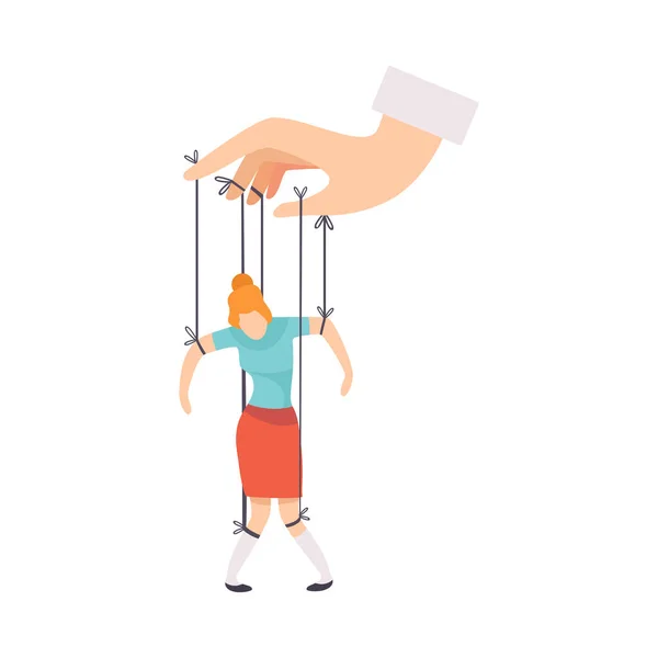 Female Marionette on Ropes Controlled by Hand, Manipulation of People Concept Vector Illustration — Stock Vector