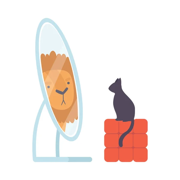 Black Cat Looking at Mirror Pretend to Be Lion Vector Illustration — Stock Vector