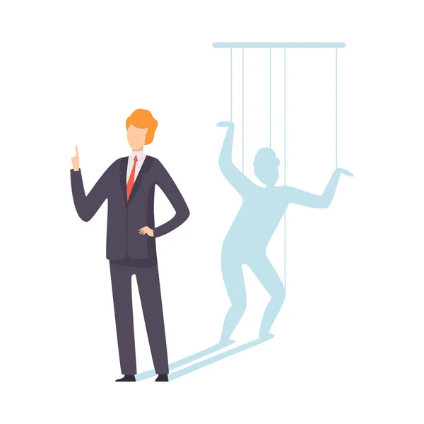 Marioneta de hombre de negocios controlada por cuerdas, manipulación de personas Concepto Vector Ilustración — Vector de stock