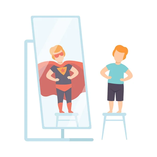 Narcissistic Man Character Looking at Mirror and Seeing Superhero, Person Overestimate Himself, Self Confidence, Motivation Vector Illustration — Stock Vector